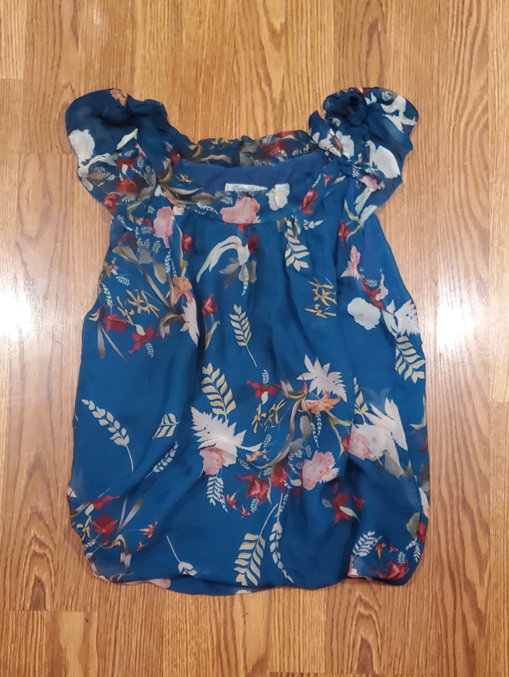 Elena Baldi Italy Silk - Floral Ruffled Short Sleeve Blouse - Teal Blue